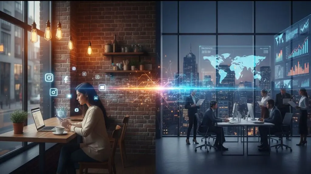 A image describing how digital marketing for small business in one side and another half is big brands workspace activities look like.