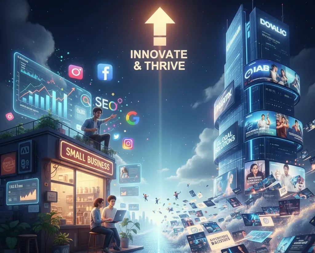 Digital marketing for small business owners using digital marketing tools like SEO, social media, and analytics to compete with big brands and innovate for growth in the online marketplace.