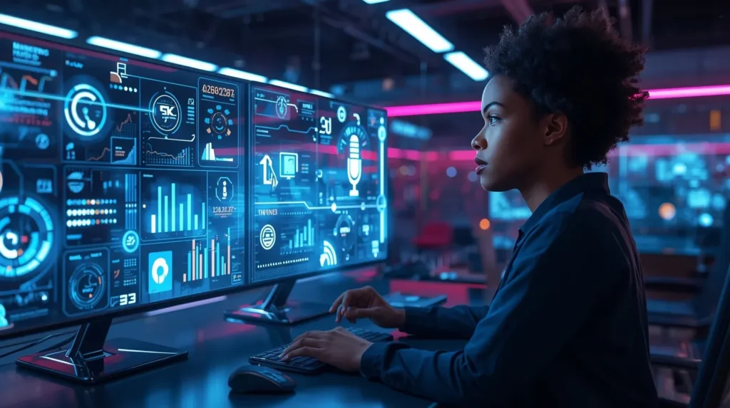 Marketer analyzing futuristic data dashboard representing the future of digital marketing for small business growth.