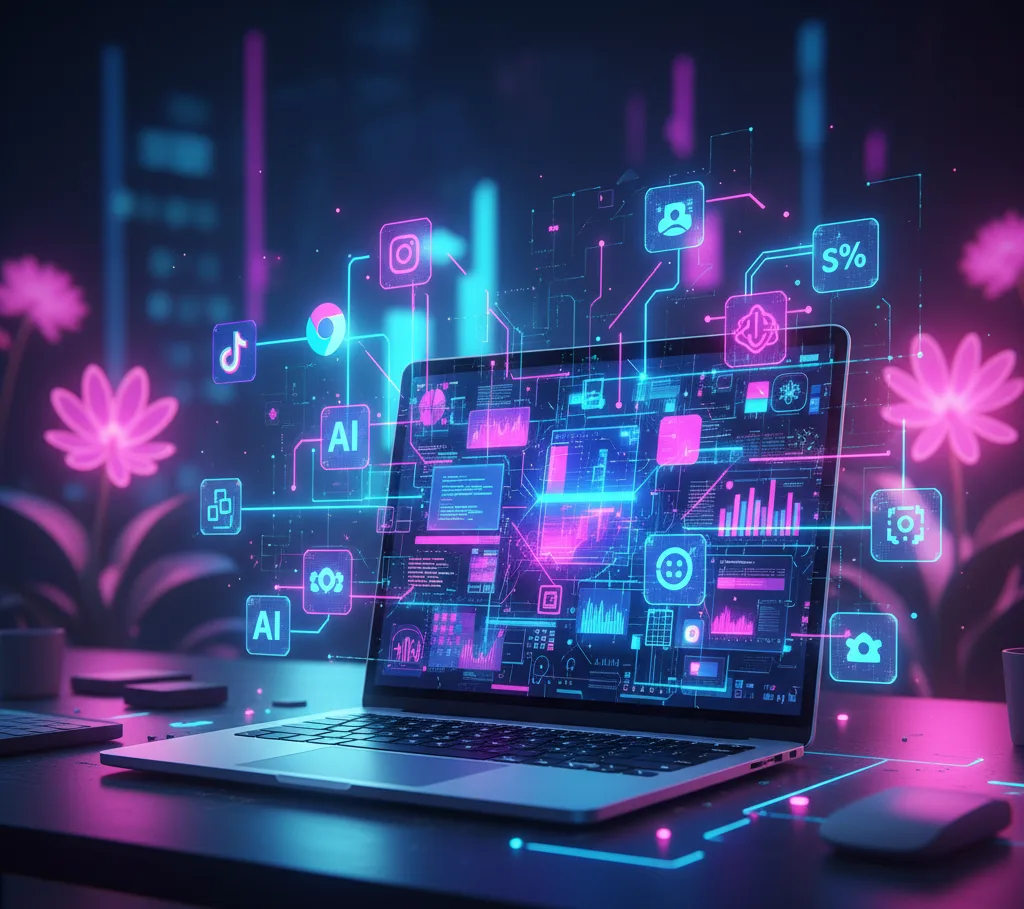Futuristic digital marketing concept with AI and social media analytics displayed on a laptop, representing advanced tools for small business growth.