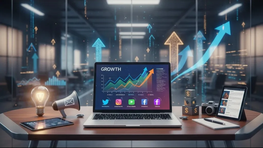 Digital marketing for small business showing growth analytics and social media strategy driving online success.